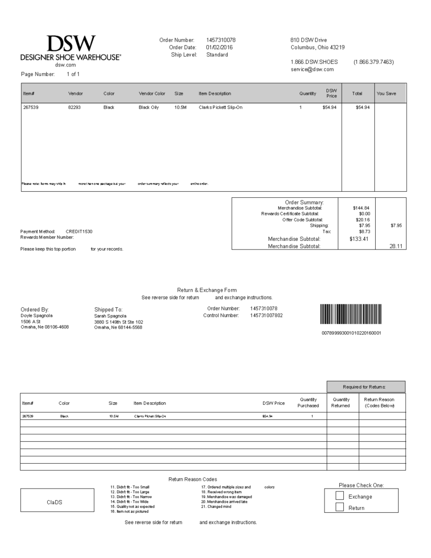 DSW Packing Slip Template